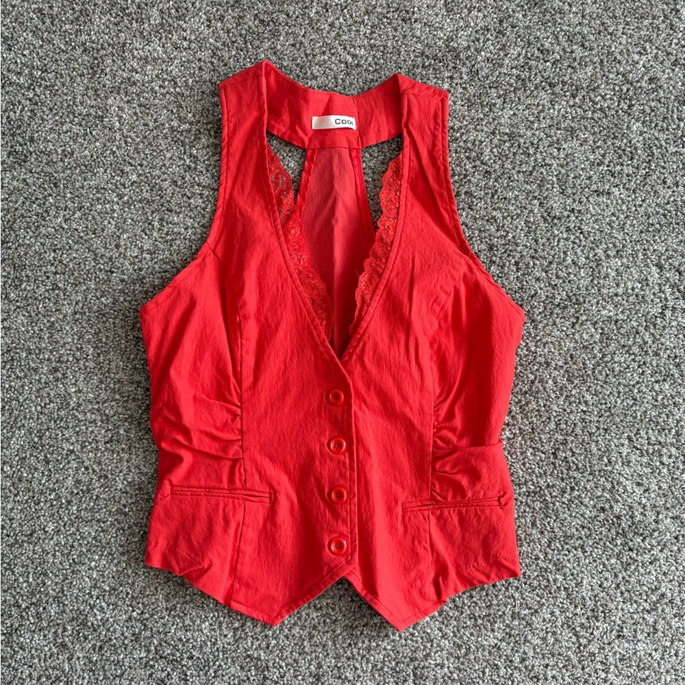 Red Lace-Trim Button Vest